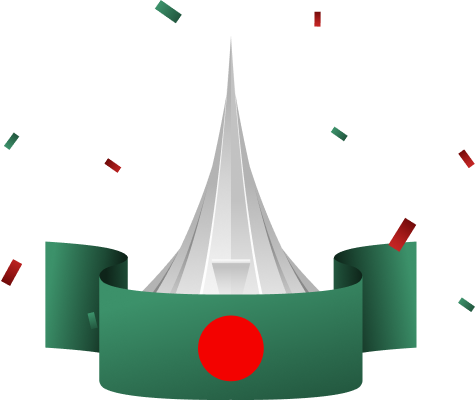 The National Martyrs' Memorial in Dhaka, Bangladesh, with the Bangladeshi flag and confetti.